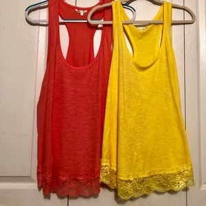 2 Plus Size Lacey Yellow and Coral Tank Tops